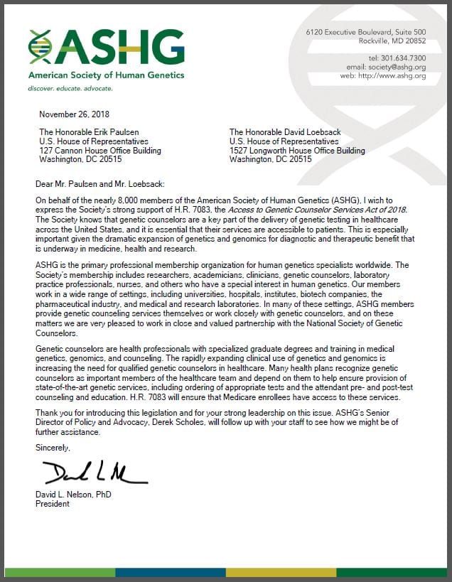 The letter written by David Nelson, PhD, ASHG President, to U.S. Representatives Erik Paulsen (R-MN) and David Loebsack (D-IA).