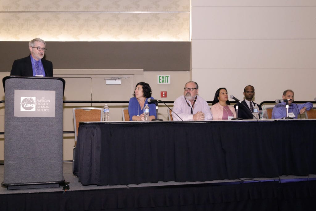 The Germline Genome Editing Workgroup asked for member input at the 2015 Business Meeting, before developing draft recommendations and writing the statement. L-R: Douglas Mortlock, Kelly Ormond, William (Andy) Faucett, Rosario Isari, Kiran Musunuru, and Lawrence Brody.