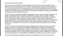The letter written by David Nelson, PhD, ASHG President, to U.S. Representatives Erik Paulsen (R-MN) and David Loebsack (D-IA).