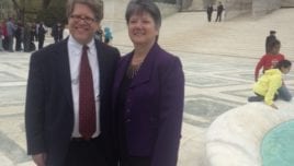 Mary Steele Williams, Executive Director of Association for Molecular Pathology (AMP), and Dr. Roger Klein, MD, JD, AMP leader, outside the Supreme Court Building, Washington, D.C., during AMP v. Myriad in 2013.” (Provided by AMP)