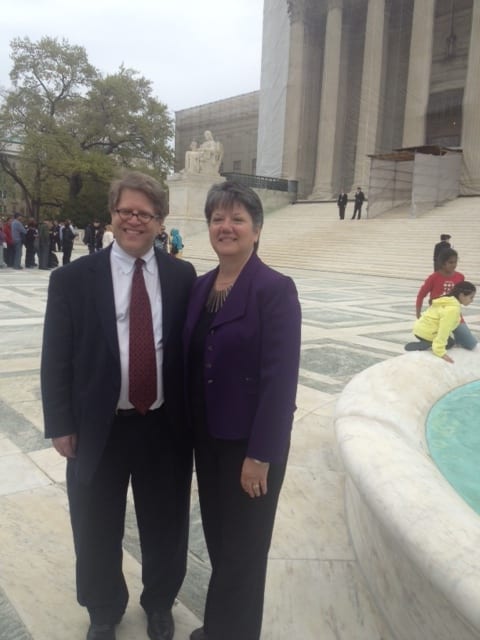 Mary Steele Williams, Executive Director of Association for Molecular Pathology (AMP), and Dr. Roger Klein, MD, JD, AMP leader, outside the Supreme Court Building, Washington, D.C., during AMP v. Myriad in 2013.” (Provided by AMP)