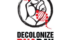 The logo is owned by Decolonize DNA Day and the Native BioData Consortium; Powerful and impactful, Oglala Lakota artist Walt Pourier of Vision Maker Media designed this logo for the Decolonize DNA Day event. It uses the fist, a common motif in protest imagery. It also reflects the topic of DNA and genomics.